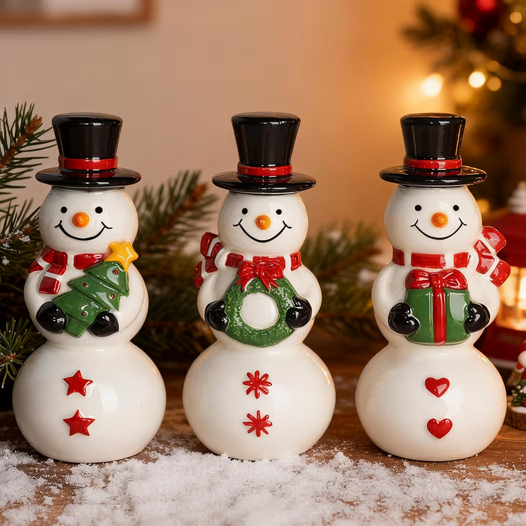 NEROSUN Christmas Snowman Figurines, Set of 3 Ceramic Cute Snowman Ornaments Christmas Decoration... | Amazon (US)