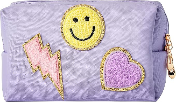 LieToi Preppy Patch Small Toiletry Bag, Smile Lightning Heart PU Leather Portable Waterproof Make... | Amazon (US)
