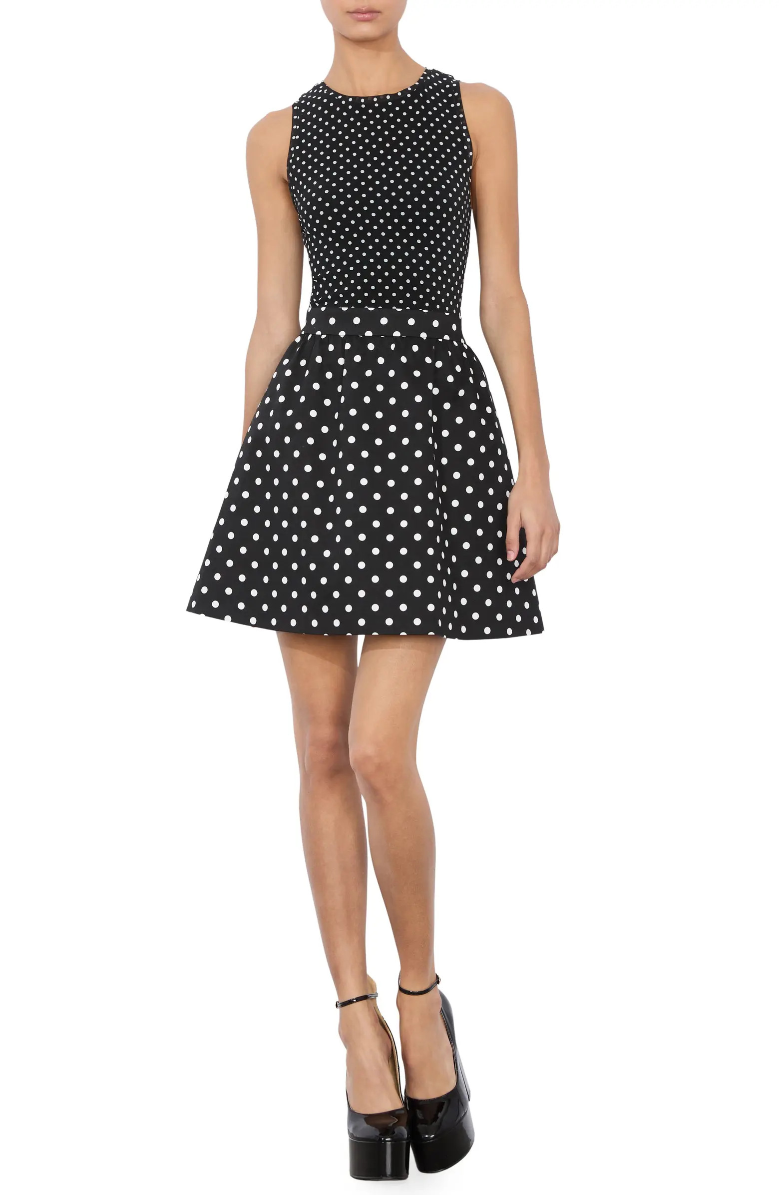 Alice + Olivia Chara Mixed Scale Polka Sot Sleeveless Fit & Flare Minidress | Nordstrom | Nordstrom