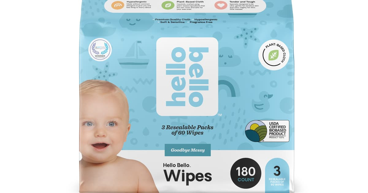 Plant-based wipes made with 99%+ water and a touch of aloe and chamomile. Packaging may vary. | Hello Bello