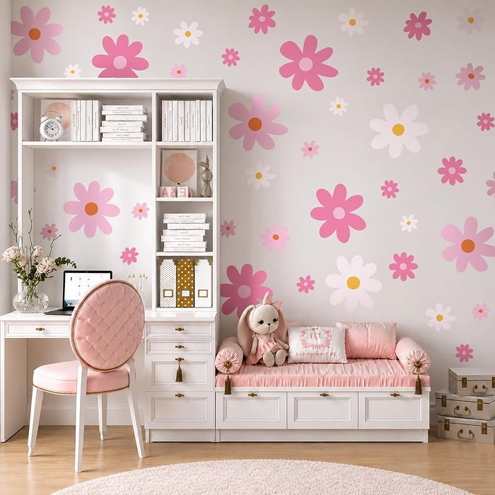 AOWDIAO Large Daisy Wall Decals \u2013 52 Pcs Pink Peel and Stick Flower Wall Stickers for Bedroo... | Amazon (US)