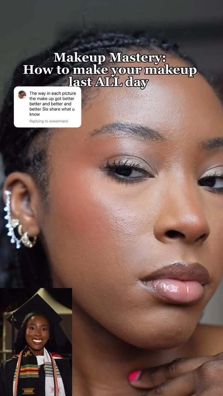 This was by far one of my fav grad looks from season 😌
Primer: @onesize boba primer
Prep: prepowder smile lines and oily zones with @lauramercier Setting Powder
Foundation: @smashboxcosmetics and @narsissist Soft Matte (Marquises)
Concealer: @urbandecaycosmetics Quickie concealer
Blush: @danessamyricksbeauty balm blushes, mac cosmetics raisin blush, Smashbox blush trio
Setting powder: one size peach powder
Highlighter: @fentybeauty killawatt 
Mascara: @jonesroadbeauty Mascara
Setting Spray (in usage order): @morphebrushes infinite setting mist, one size setting spray, @kryolanofficial fixing spray 
Brows and Eyes: @anastasiabeverlyhills Brow Freeze and Eyeshadows 
Tools: @realtechniques , @exocosmetics , @elfcosmetics