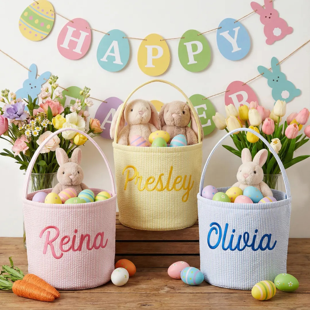 Personalized Seersucker Easter Basket, Embroidered Name Kids Basket, Easter Egg Hunt Basket,easte... | Etsy (US)