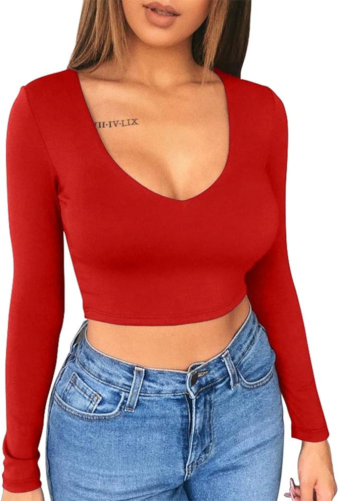 XXTAXN Women's Sexy Bodycon Basic Scoop Neck Long Sleeve Slim Solid Color Crop Top | Amazon (US)