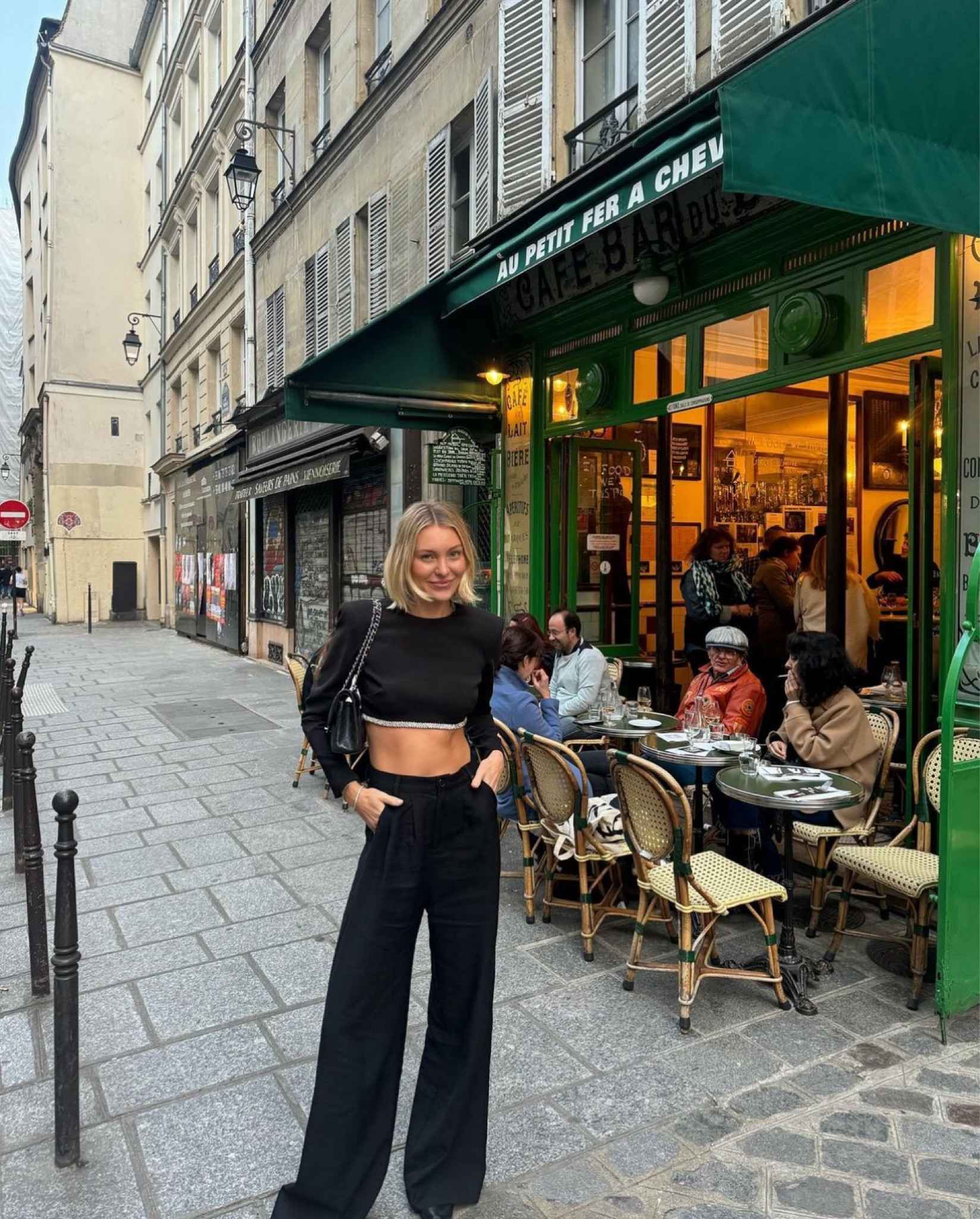 one last paris hoorah 🖤 my exact top is the Lovers + Friends Rachel Gosette crop top but it’s sold out! 