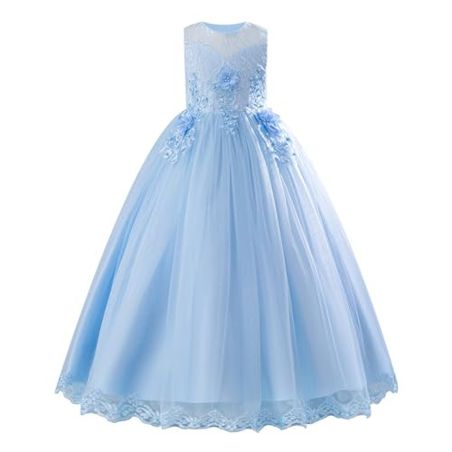 IDOPIP Flower Girl Lace Dress for Kids Wedding Bridesmaid Pageant Party Formal Long Maxi Gown Big Little Princess First Communion Birthday Prom Sleeveless Bowknot Puffy Tulle Dresses Blue 9-10 Years | Amazon (US)