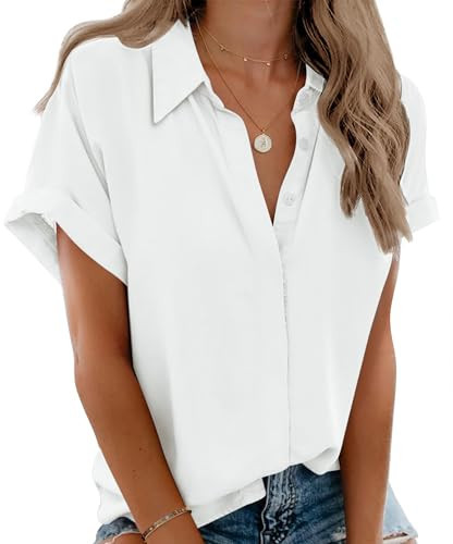 Zeagoo Oversized Button Up Shirt Women Short Sleeve V Neck Tops Collared Shirts Summer Casual Blouses 2025 White | Amazon (US)