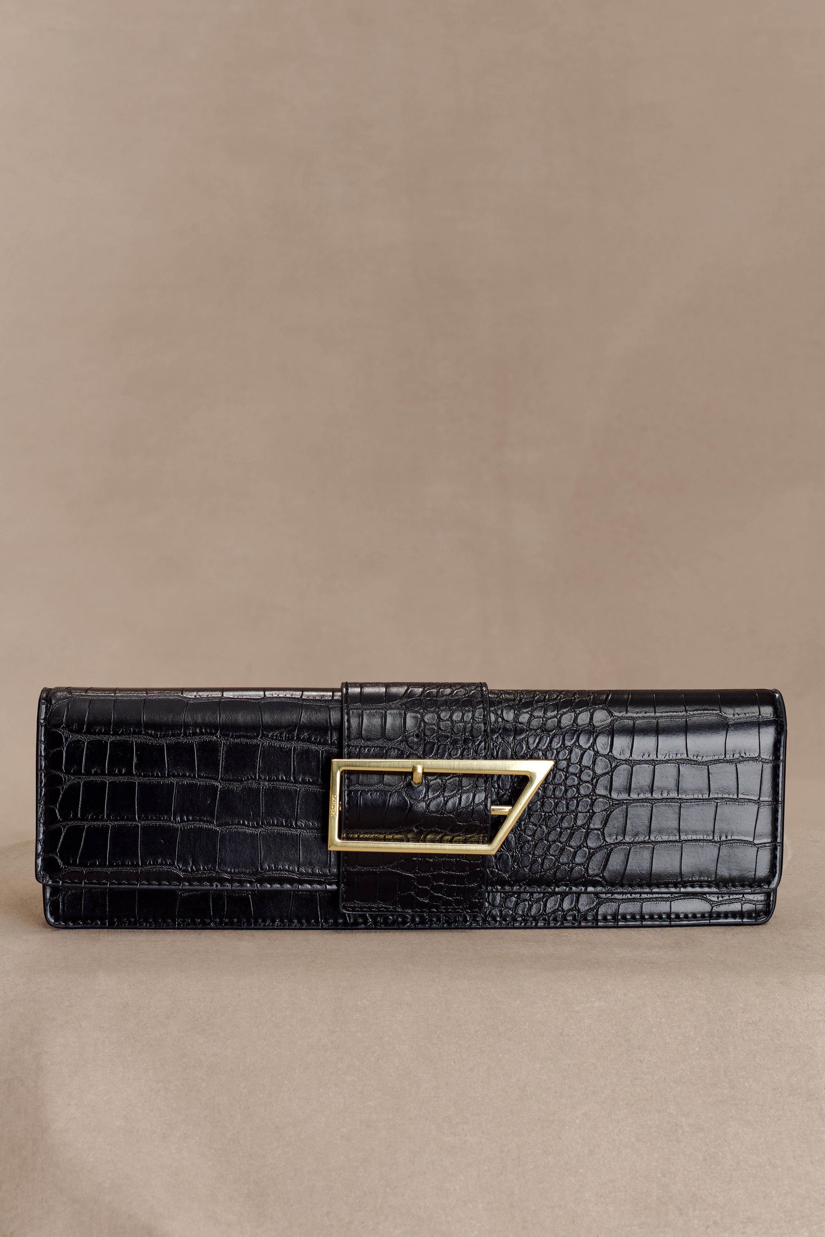 Jessica Faux Leather Crocodile Clutch - Black | Meshki (APAC)