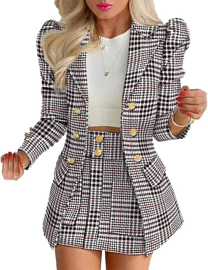 Women High Waist Blazer & Skirt 2 Piece Set Outfit Office Business Work Wear Attire Casual Suit | Amazon (US)