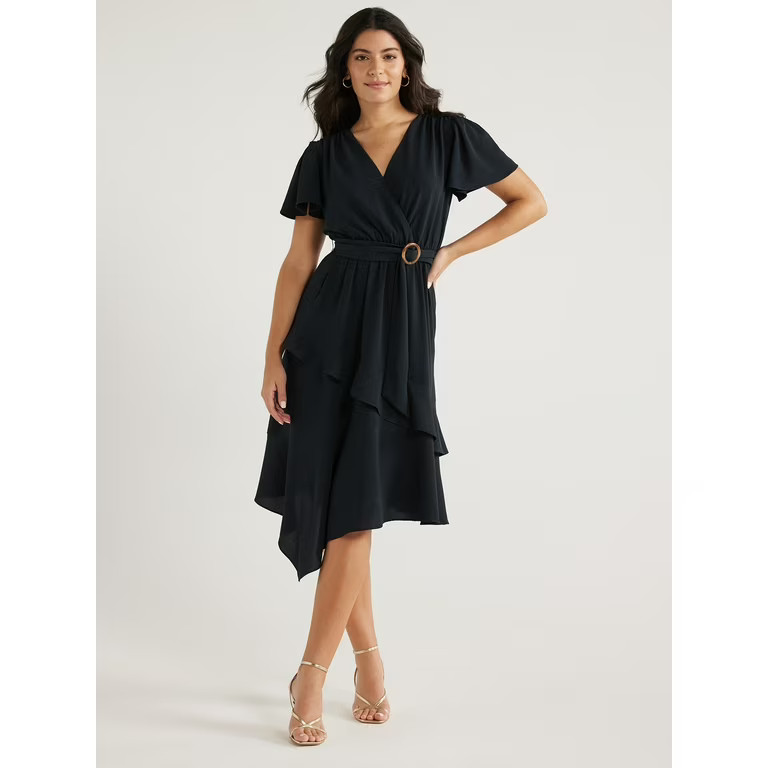 Sofia Jeans Women's Faux Wrap Dress with Flutter Sleeves, Below Knee Length, Sizes XS-3XL | Walmart (US)