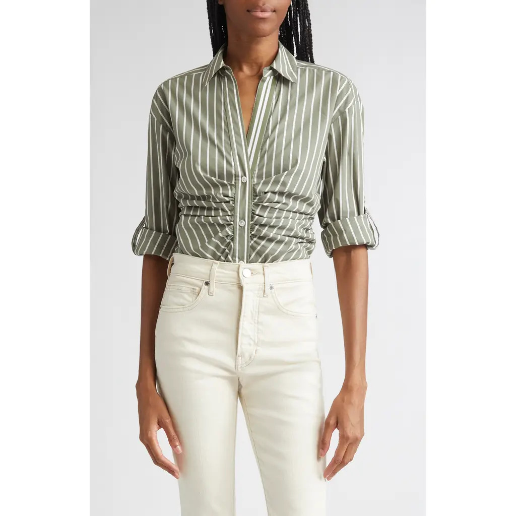 Veronica Beard Devra Stripe Ruched Cotton Blend Button-Up Shirt in Stone Army White at Nordstrom, Size 2 | Nordstrom