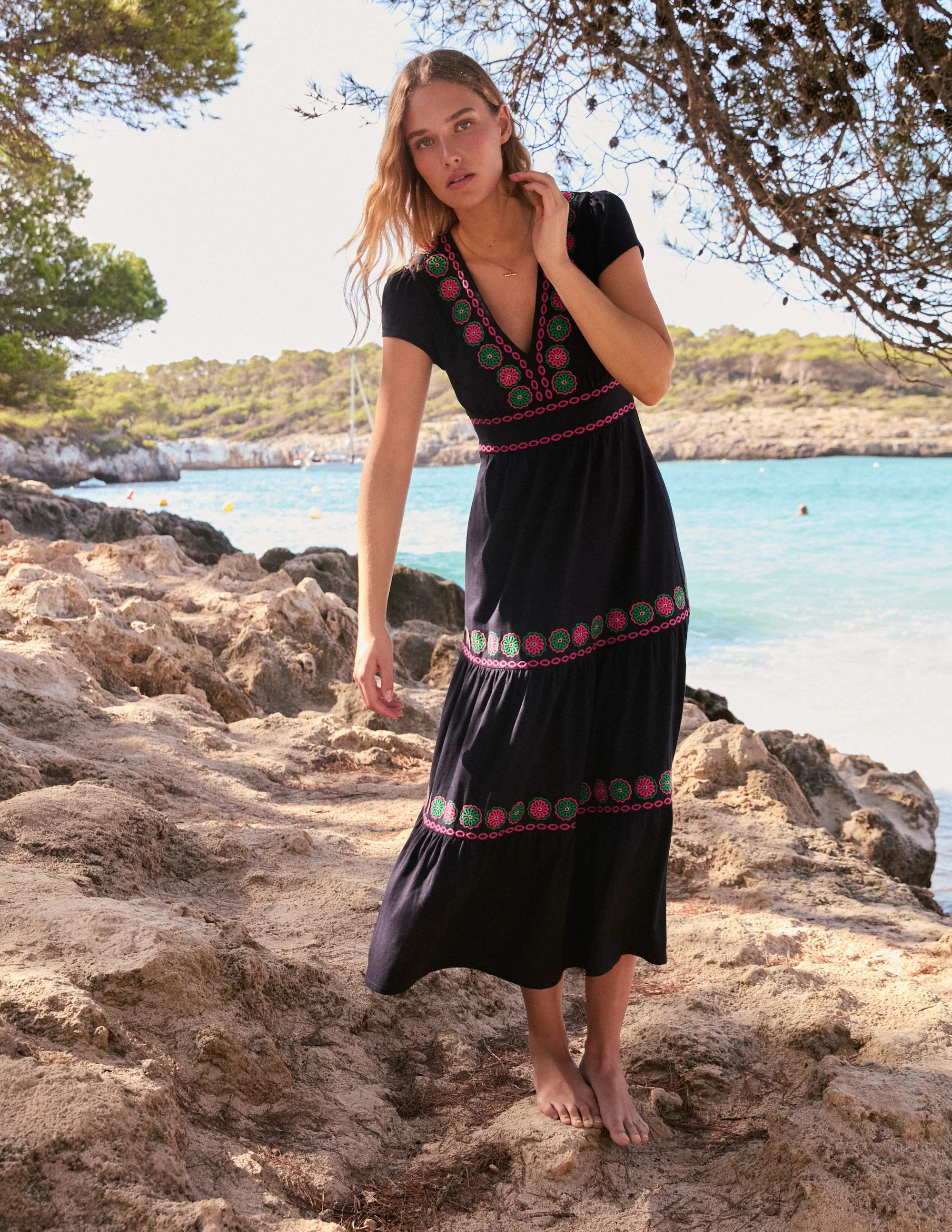 Elara Embroidered Jersey Dress-Navy | Boden (US)