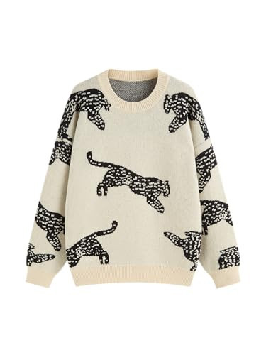 CIDER Womens Leopard Crew Neck Long Sleeve Boho Knit Sweater Casual Pullover Fall Sweater: Khaki, L | Amazon (US)