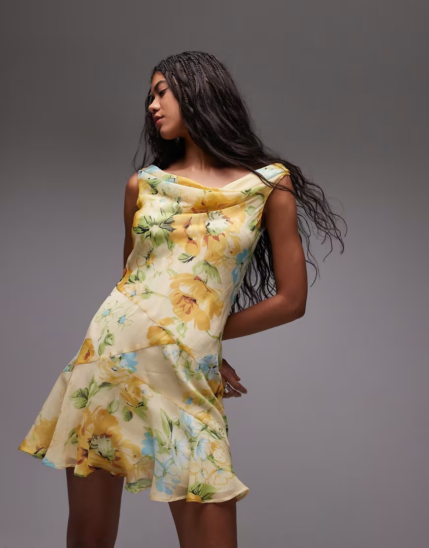 Topshop cowl neck full hem mini tea dress in lemon floral-Yellow | ASOS (Global)