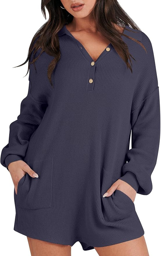 ANRABESS Women Rompers Casual Loose Oversized Long SLeeve Knit Short Pants Jumpsuits 2024 Trendy ... | Amazon (US)