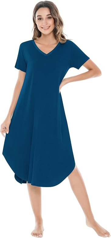NACHILA Nightgowns for Women-Viscose Made from Bamboo, V Neck Sleepshirts Short Sleeve Sleepwear ... | Amazon (US)