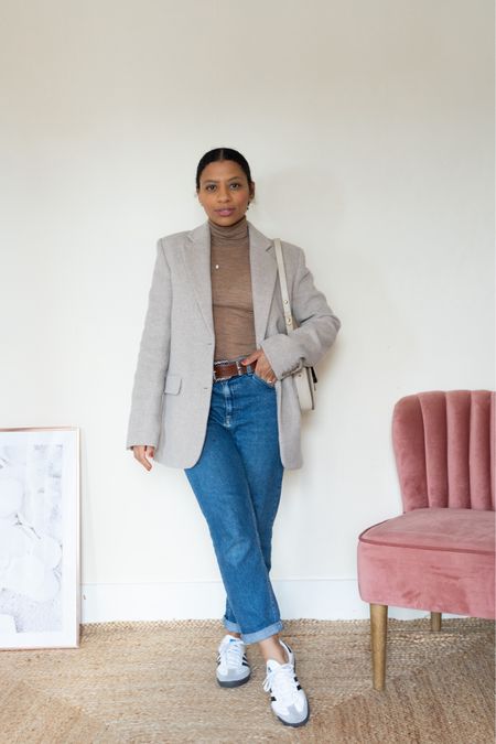 Neutral Casual Chic Outfit.
Beige blazer, light brown poloneck, blue jeans and Adidas trainers. 

#LTKstyletip #LTKover40 #LTKeurope