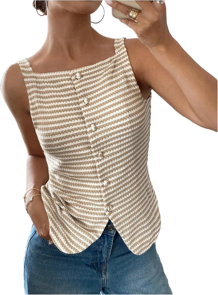 Floerns Women's Striped Print Sleeveless Slit Vest Shirts Button Front Blouse Top | Amazon (US)