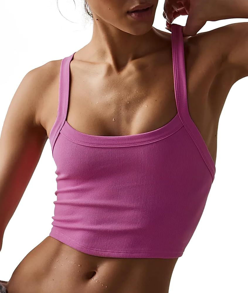 Summer Tank Tops for Women 2024 Scoop Neck Crop Tops Athletic Workout Tops Going Out Ribbed Tank ... | Amazon (US)