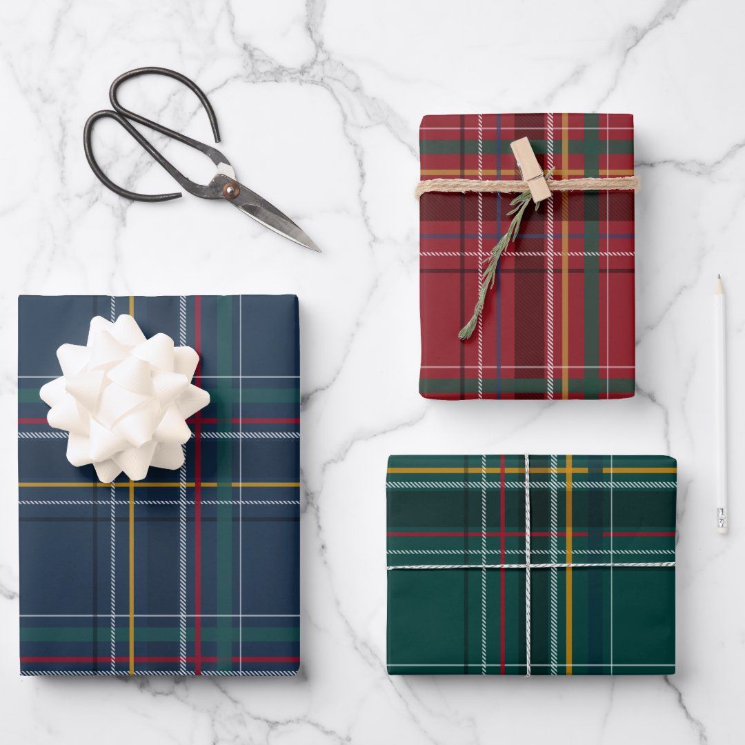 Christmas plaid coordinating red navy green wrapping paper sheets | Zazzle | Zazzle