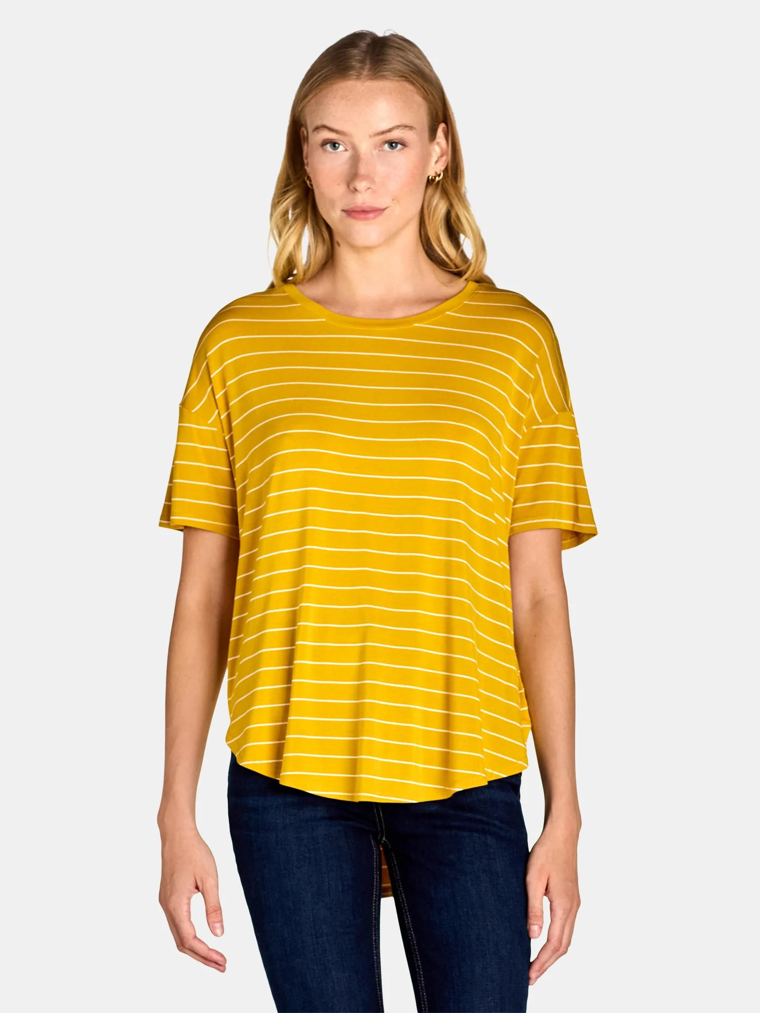 Time and Tru Women's Crewneck Tunic Tee with Short Sleeves, Sizes XS-XXXL | Walmart (US)