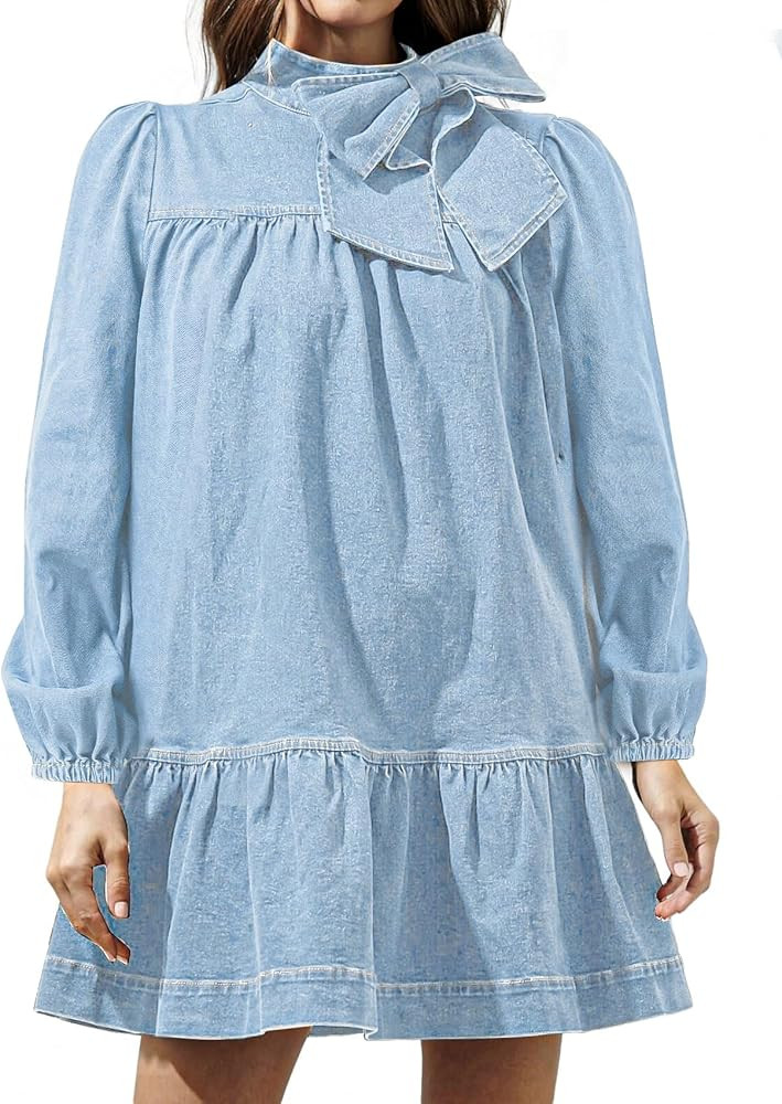 Women's Puff Long Sleeve Denim Dress Ruffle Mock Neck Tiered Mini Babydoll Dress Casual Flowy Swi... | Amazon (US)