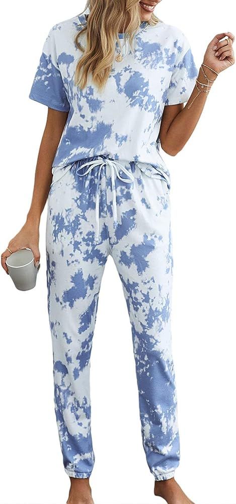 Womens Tie Dye Printed Long Sleeve Tops and Pants Long Pajamas Set Joggers PJ Sets Nightwear Loun... | Amazon (US)