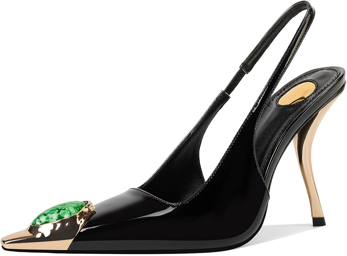 Slingback Rhinestone Heeled Sandals for Women – Closed Pointed Toe Stiletto Pumps for Parties W... | Amazon (US)