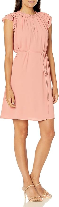 Amazon Brand - Lark & Ro Women's Georgette Split Neck Ruched Flutter Sleeve Shift Dress | Amazon (US)