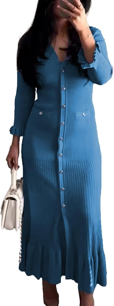 LAJIOJIO 2024 Fall Long Sleeve Knit Midi Dresses,Sexy Pleated Bodycon Button V Neck Cardigan Long... | Amazon (US)