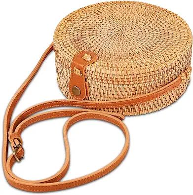 Adjustable Shoulder Leather Strap Handwoven Rattan Crossbody Bag for Women with Free Scarf Handma... | Amazon (US)
