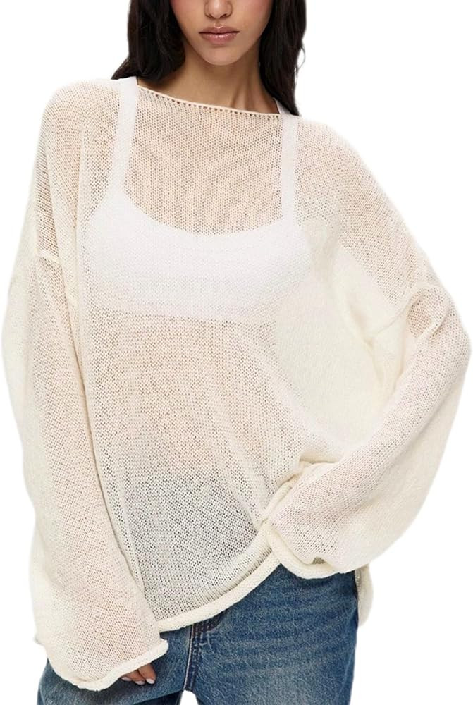 Sweters for Women, Womens Sweater, O-Neck Solid Color See Through Pullover Jumper Shirt Beach | Amazon (US)