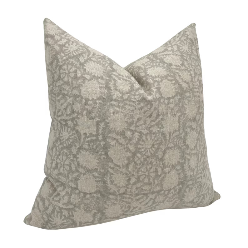 MAXTON Designer Floral Linen Pillow Cover, Gray Floral Pillow, Block Print Pillow, Block Linen Pi... | Etsy (US)