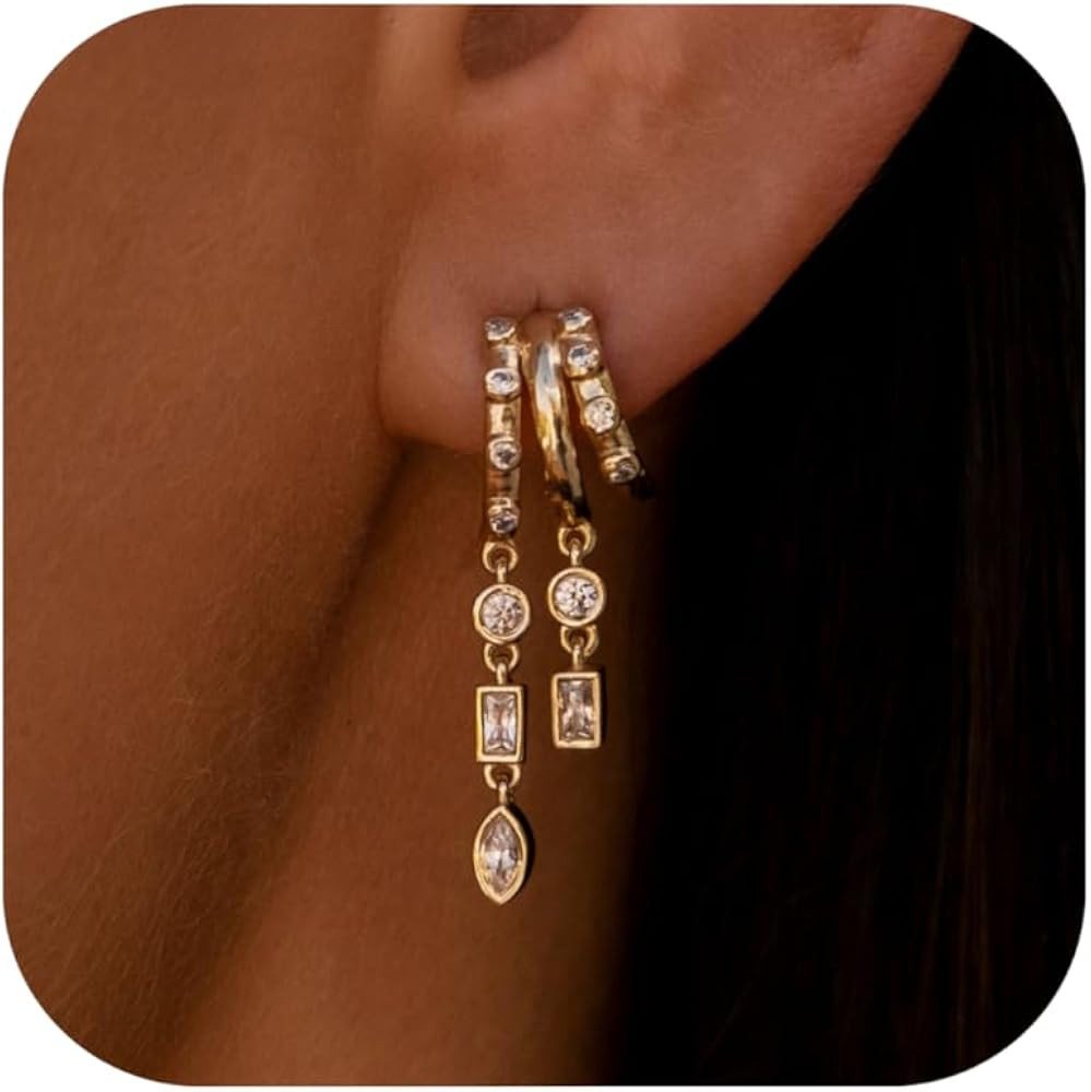 Dangle Earrings For Women, Dainty Gold Drop Statement Earrings 14K Gold Plated Long Huggie Earrin... | Amazon (US)