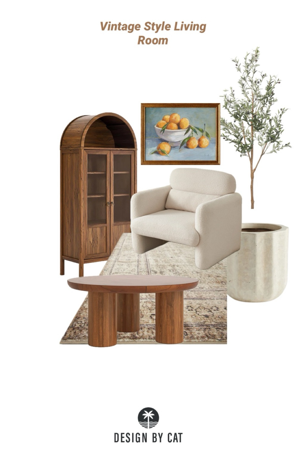 Vintage style furniture
Wood cabinet/armoire
Boucle oversize armchair
Wood round coffee table
Indoor vintage style planter
Vintage style fruit artwork
Vintage style rug

#LTKhome