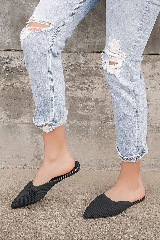 Jeaney Black Ribbed Knit Pointed-Toe Mule Slides | Lulus (US)