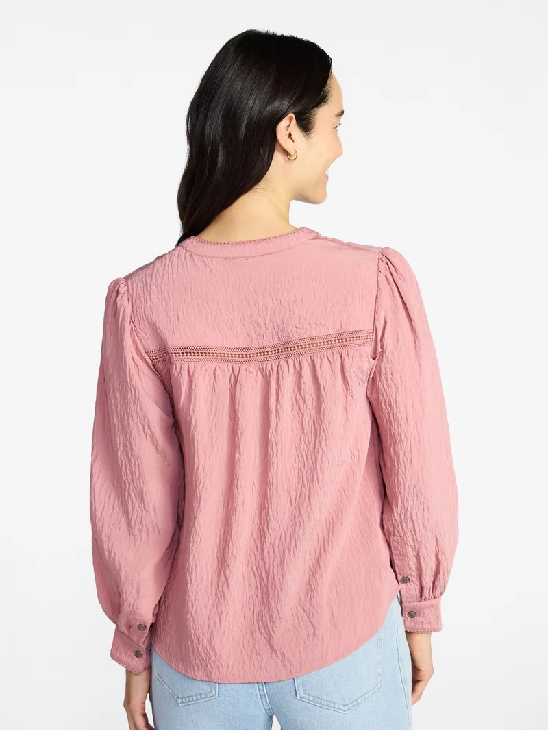Time and Tru Women's Lace Yoke Half Button Shirt with Long Sleeves Sizes XS-XXXL | Walmart (US)