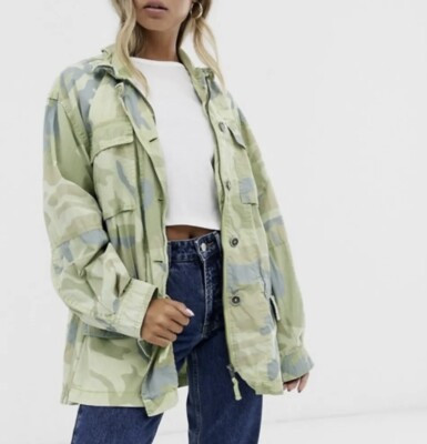 Free People Womens Field Jacket Small Green Camo Utility Lead The Way Oversized | eBay US