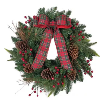 Kurt S. Adler 24-Inch Decorated Unlit Green Wreath with Bow, Holly Berrys and Cones | Belk