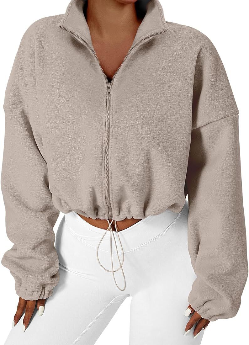 ANRABESS Women's Full Zip Sweatshirt Oversized Fleece Crop Jacket Long Sleeve Workout Sherpa 2023... | Amazon (US)