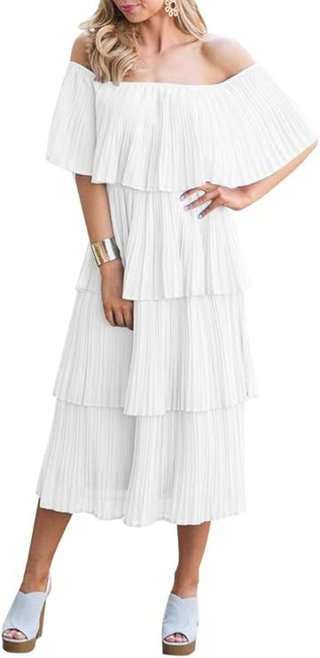 ETCYY NEW Women's Off The Shoulder Sleeveless Tiered Ruffle Pleated Casual Midi Dress | Amazon (US)