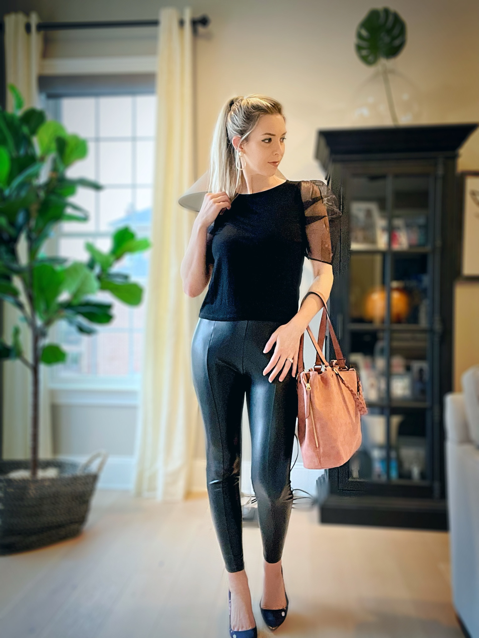 Super High Waisted Faux Leather Front Slit Leggings