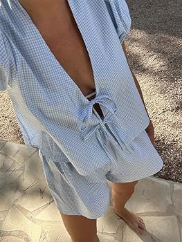 Thopavenoir Women 2 Piece Casual Lounge Sets Y2k Puff Sleeve Peplum Shirt Tie Front Tee Shirt Sho... | Amazon (US)