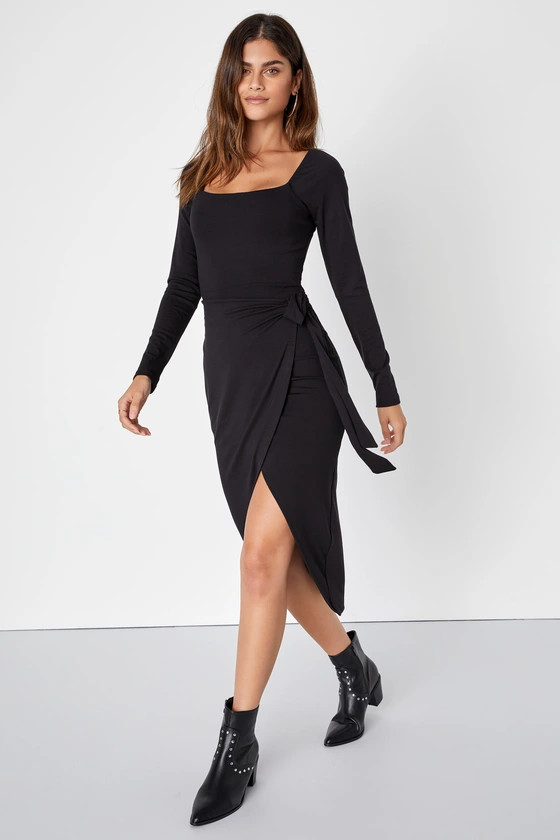 Truly Timeless Black Long Sleeve Midi Wrap Dress | Lulus (US)