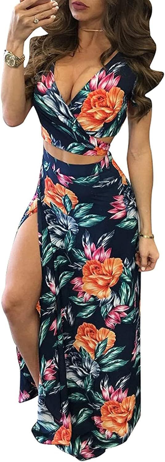 Aro Lora Women's Sexy V Neck Floral Printed Side Slit Two-Piece Maxi Dress | Amazon (US)