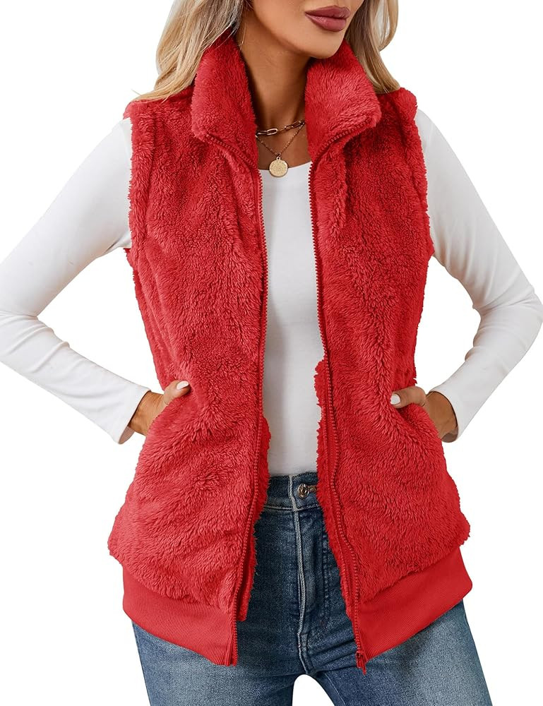 LOMON Womens Fuzzy Fleece Vest, Casual Warm Sleeveless Zip Up Sherpa Vest Jacket with Pockets for... | Amazon (US)