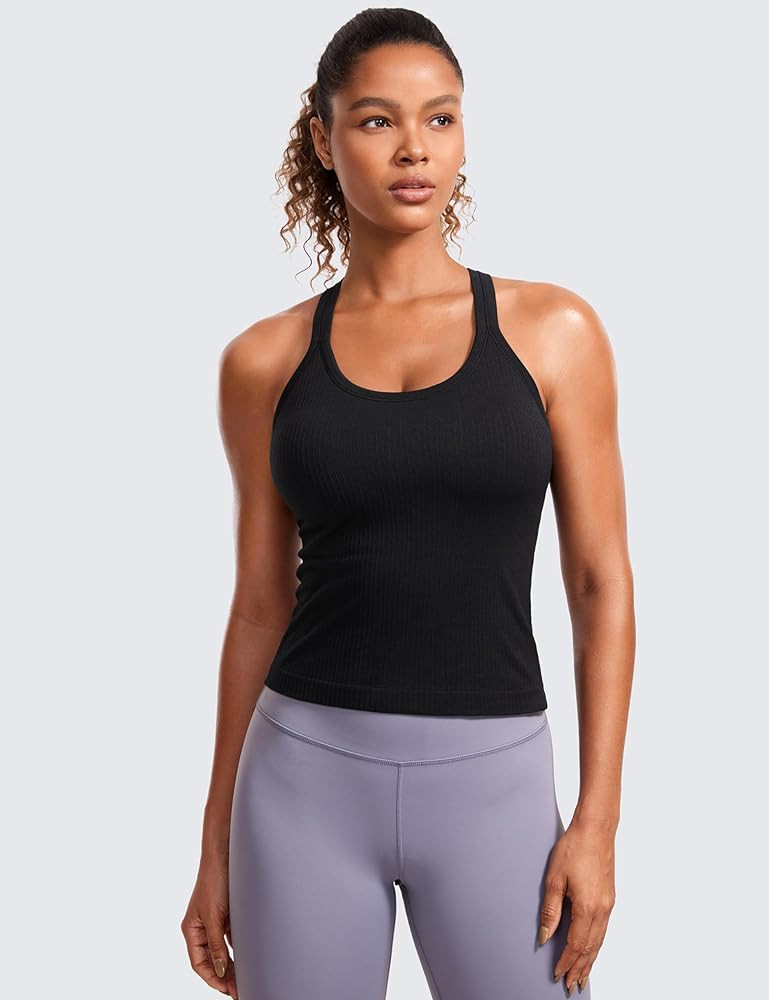 CRZ YOGA Seamless Ribbed Scoop Neck Tank Top for Women - Workout Racerback Padded Athletic Camiso... | Amazon (US)