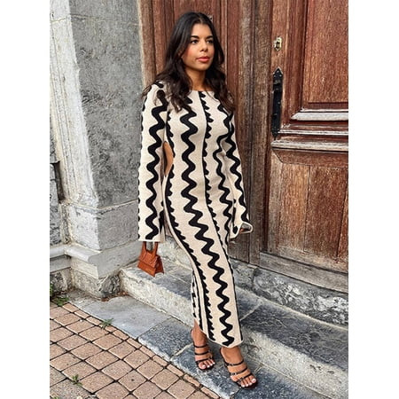 Autumn Flare Long Sleeve Knitted Maxi Dress Bodycon Dresses For Women Elegant Sexy Cut Out Wave Chri | Walmart (US)