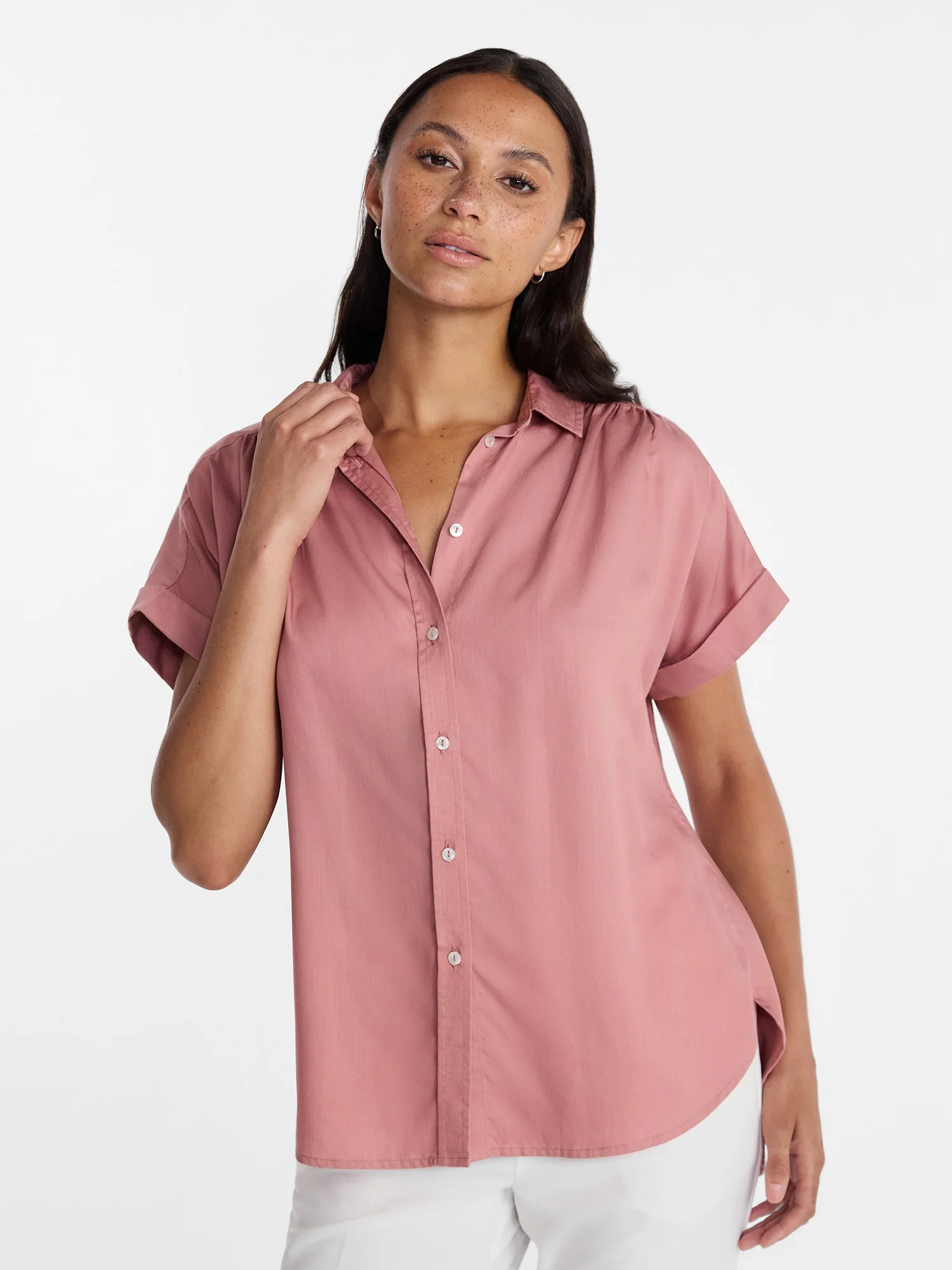 Time and Tru Women's Chambray Camp Shirt with Short Sleeves, Sizes XS-XXXL | Walmart (US)