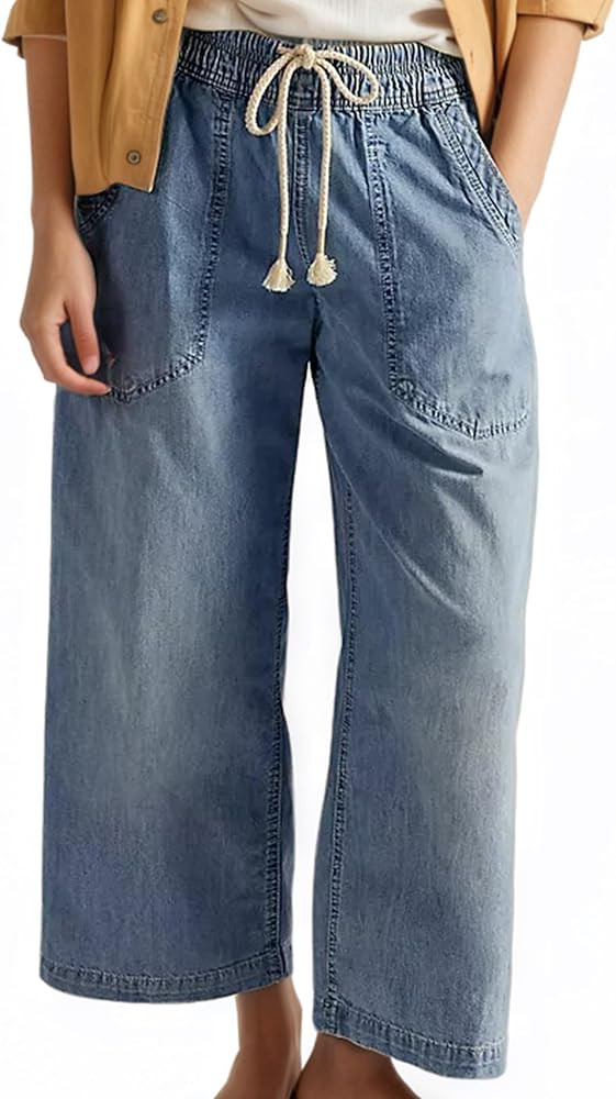Womens Mid Rise Wide Leg Jeans Drawstring Ankle Baggy Casual Elastic Fashion Boyfriend Denim Pant... | Amazon (US)